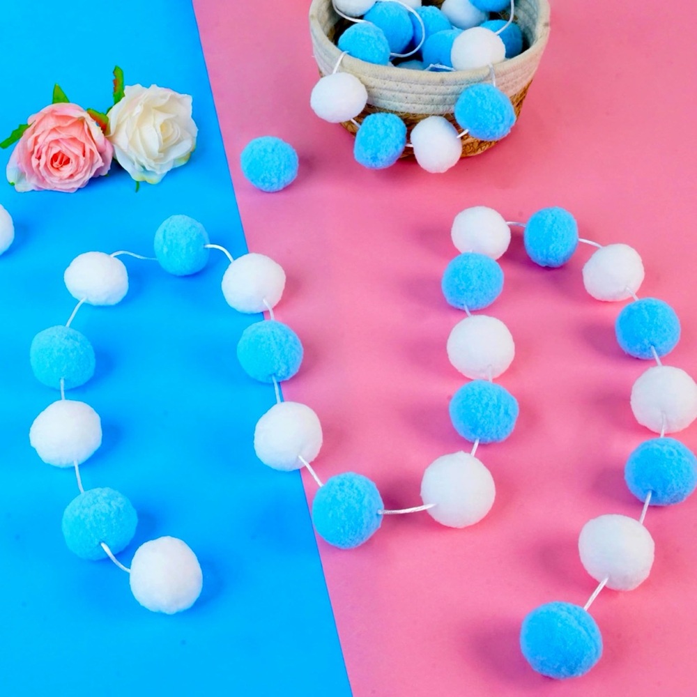 8 Ft. Fuzzy Blue & White Pom Pom Garland Party Wedding Baby Shower Decor